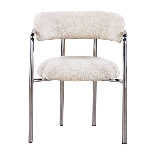 Pole to Pole Eetkamerstoel Art Deco ivoor met chromen poten en armleuning – crème gestoffeerde eetkamerstoel met chroom frame in retro art deco stijl