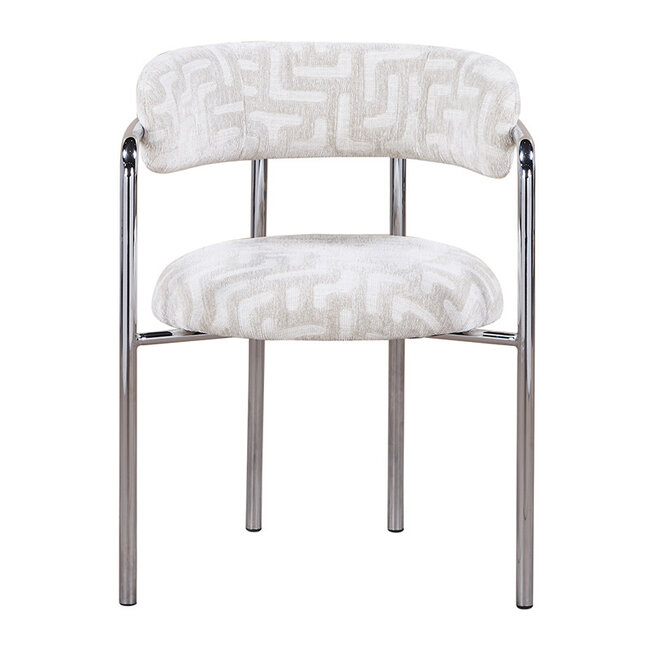 Pole to Pole Eetkamerstoel Art Deco maze beige met chromen poten en armleuning – beige eetkamerstoel in structuurstof met grafisch patroon en chroom frame