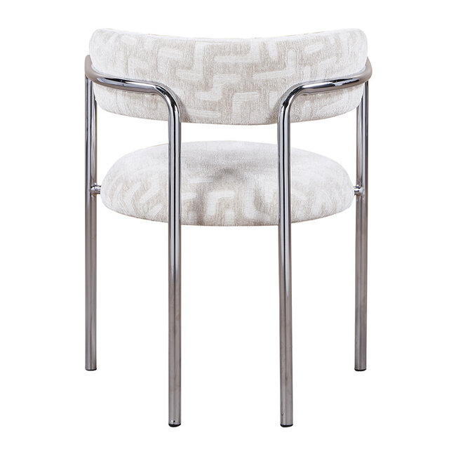 Pole to Pole Eetkamerstoel Art Deco maze beige met chromen poten en armleuning – beige eetkamerstoel in structuurstof met grafisch patroon en chroom frame