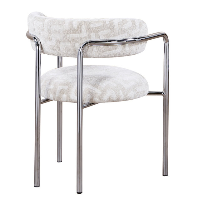 Pole to Pole Eetkamerstoel Art Deco maze beige met chromen poten en armleuning – beige eetkamerstoel in structuurstof met grafisch patroon en chroom frame