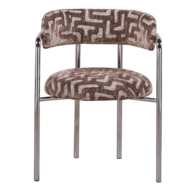 Pole to Pole Eetkamerstoel Art Deco maze brown met chromen poten en armleuning – bruine eetkamerstoel in structuurstof met grafisch patroon en chroom frame