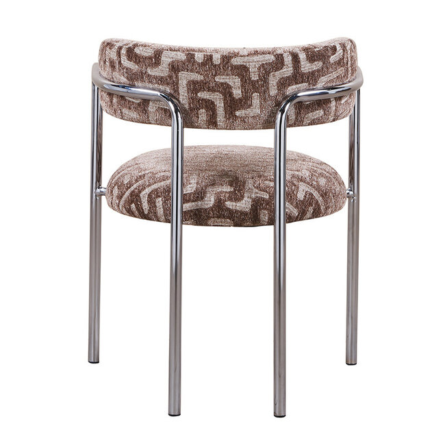 Pole to Pole Eetkamerstoel Art Deco maze brown met chromen poten en armleuning – bruine eetkamerstoel in structuurstof met grafisch patroon en chroom frame
