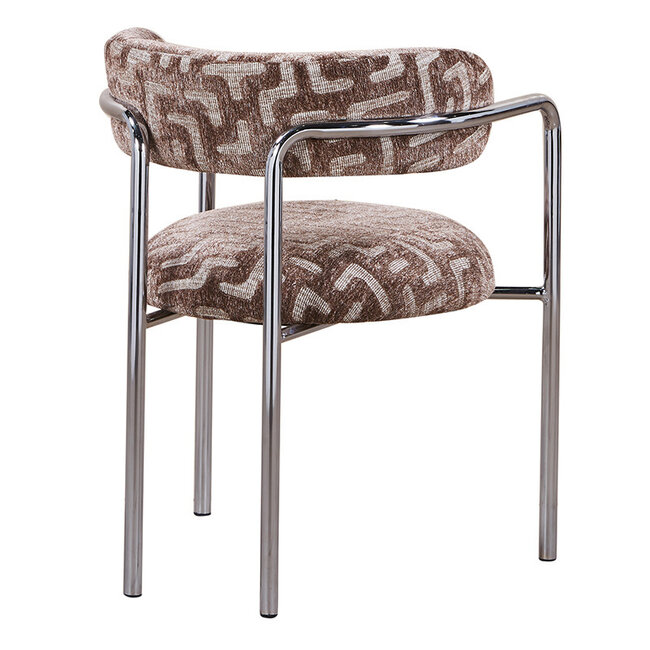 Pole to Pole Eetkamerstoel Art Deco maze brown met chromen poten en armleuning – bruine eetkamerstoel in structuurstof met grafisch patroon en chroom frame