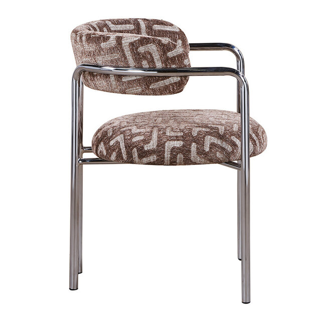 Pole to Pole Eetkamerstoel Art Deco maze brown met chromen poten en armleuning – bruine eetkamerstoel in structuurstof met grafisch patroon en chroom frame