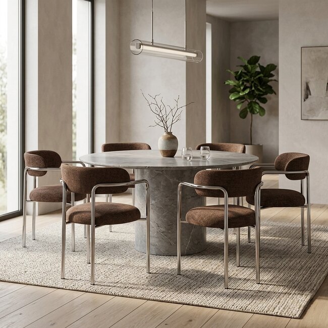 Pole to Pole Eetkamerstoel Art Deco espresso met chromen poten en armleuning – bruine gestoffeerde eetkamerstoel met chroom frame in retro art deco stijl
