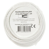 Huishoudsnoer Plat Belastbaar tot 1200W 2x0,75mm - 5mtr (Wit)