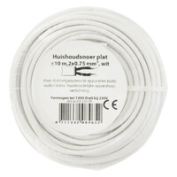 Huishoudsnoer Plat Belastbaar tot 1200W 2x0,75mm - 10mtr (Wit)