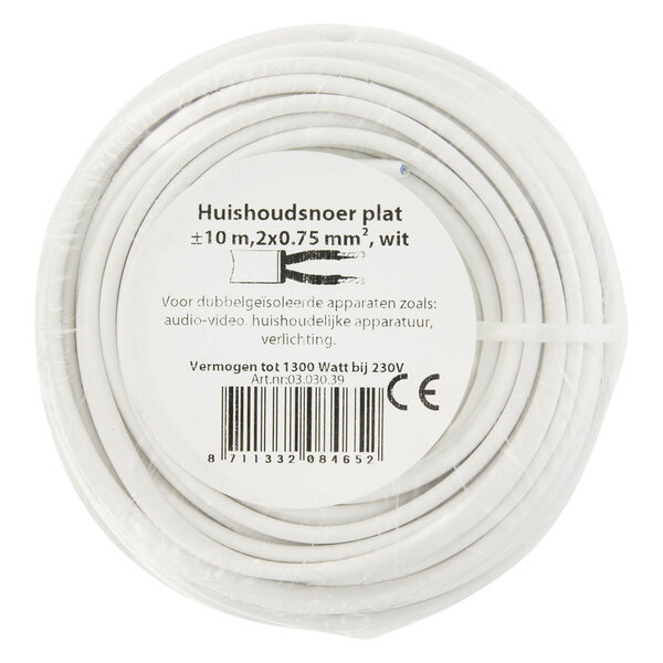 Huishoudsnoer Plat Belastbaar tot 1200W 2x0,75mm - 10mtr (Wit)