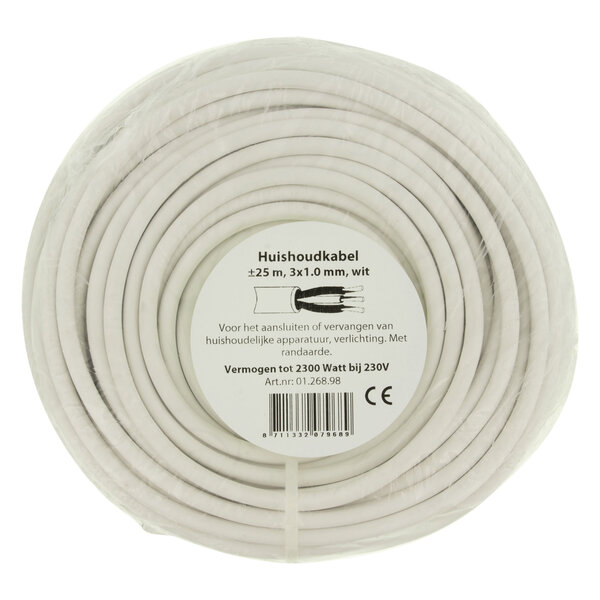 Huishoudsnoer VMVL - 3x1,0mm - 25mtr - Wit