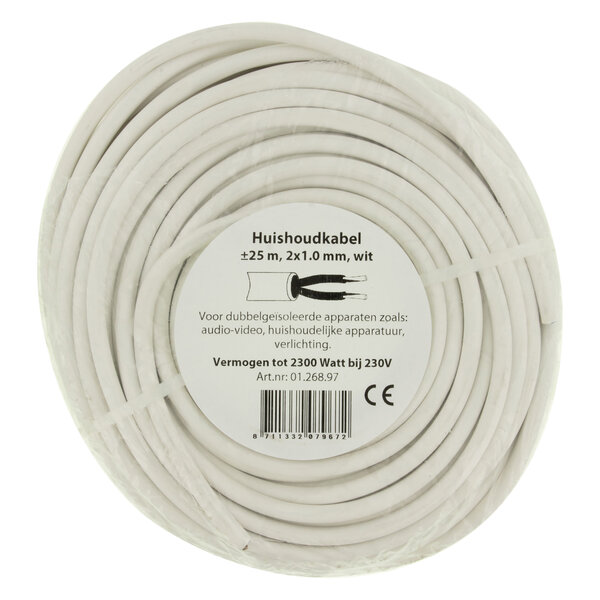 Huishoudsnoer VMVL - 2x1,0mm - 25mtr - Wit