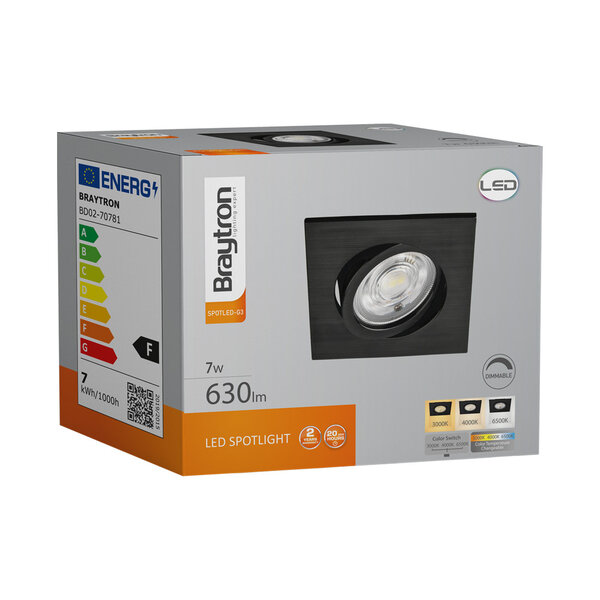 Braytron Braytron LED Inbouw Spot Dimbaar - IP20 - 7W - Aanpasbare Kleur CCT - Vierkant (Zwart)