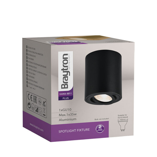 Braytron Braytron Gama 8011  LED Lamp Opbouw - IP20 - 1xGU10 -  Rond Ø80mm - Zwart