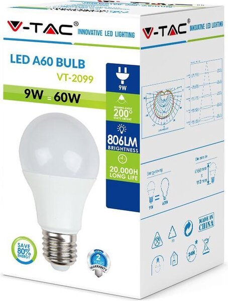 V-Tac V-Tac Ledlamp A60 - E27 - IP20 - 4000K