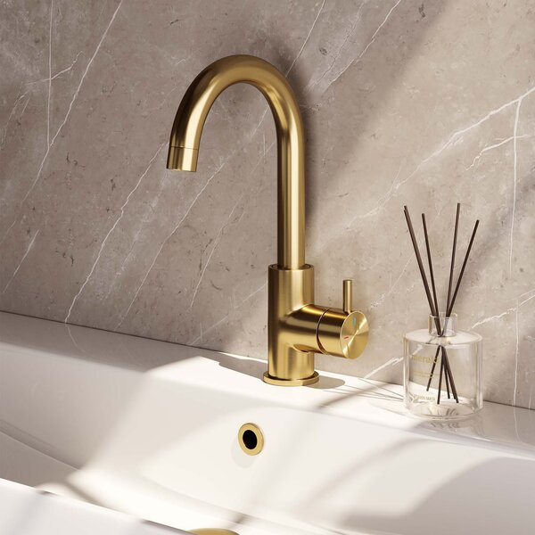 Brauer Brauer Goud Edition Opbouw Wastafelmengkraan met Draaibare Uitloop - Rond - Hoog - Hendel Model B - PVD - Geborsteld Goud