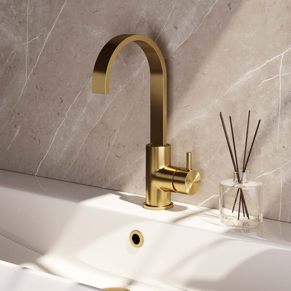 Brauer Brauer Goud Edition Opbouw Wastafelmengkraan met Draaibare Uitloop - Plat- Hoog - Hendel Model B - PVD - Geborsteld Goud
