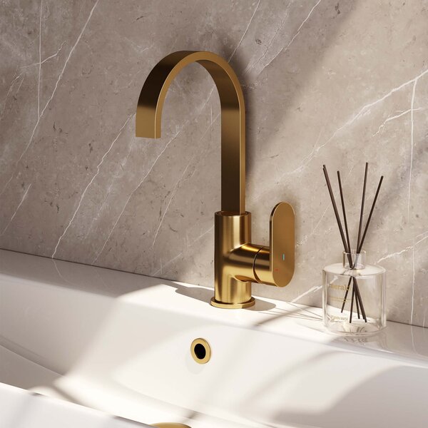 Brauer Brauer Goud Edition Opbouw Wastafelmengkraan met Draaibare Uitloop - Plat- Hoog - Hendel Model C - PVD - Geborsteld Goud