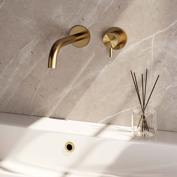 Brauer Brauer Gold Edition Inbouw Wastafelmengkraan met Gebogen Uitloop & Rozetten - Model B1 - Hendel Rechts - PVD - Geborsteld Goud