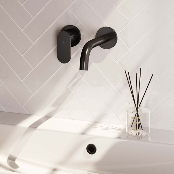 Brauer Brauer Black Edition Inbouw Wastafelmengkraan met Gebogen Uitloop & Rozetten - Model C2 - Hendel Links - Mat Zwart
