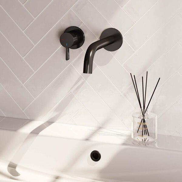 Brauer Brauer Black Edition Inbouw Wastafelmengkraan met Gebogen Uitloop & Rozetten - Model E2 - Hendel Links - Mat Zwart