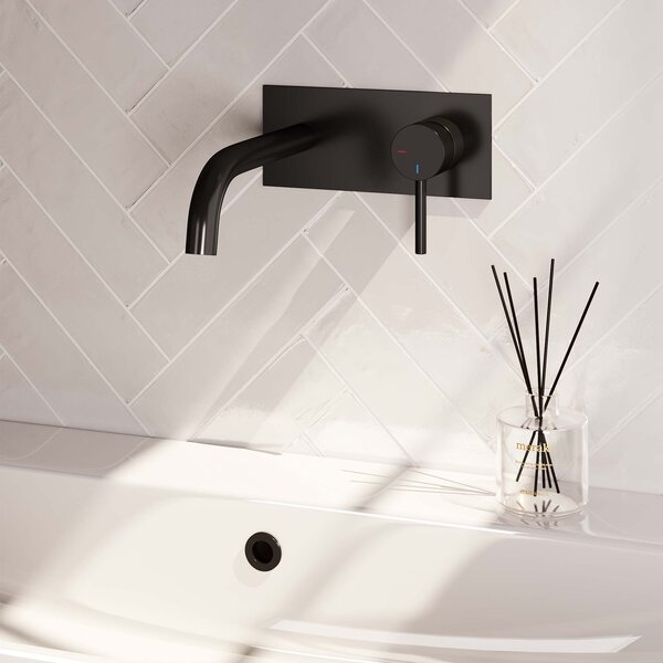 Brauer Brauer Black Edition Inbouw Wastafelmengkraan met Gebogen Uitloop & Afdekplaat - Model A1 - Hendel Rechts - Mat Zwart
