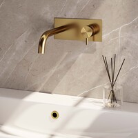 Brauer Brauer Gold Edition Inbouw Wastafelmengkraan met Gebogen Uitloop & Afdekplaat - Model B1 - Hendel Rechts - PVD - Geborsteld Goud