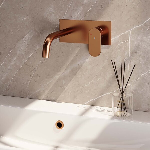 Brauer Brauer Copper Edition Inbouw Wastafelmengkraan met Gebogen Uitloop & Afdekplaat - Model C1 - Hendel Rechts - PVD - Geborsteld Koper