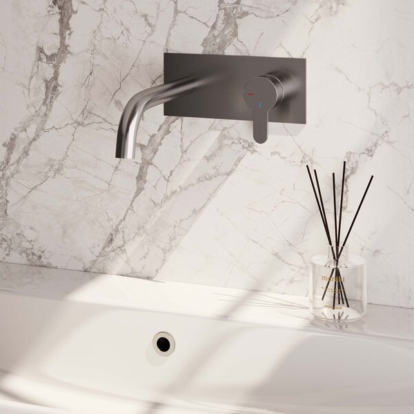 Brauer Brauer Brushed Edition Inbouw Wastafelmengkraan met Gebogen Uitloop & Afdekplaat - Model D1 - Hendel Rechts - PVD - Geborsteld RVS