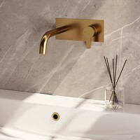 Brauer Brauer Gold Edition Inbouw Wastafelmengkraan met Gebogen Uitloop & Afdekplaat - Model D1 - Hendel Rechts - PVD - Geborsteld Goud