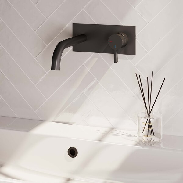 Brauer Brauer Black Edition Inbouw Wastafelmengkraan met Gebogen Uitloop & Afdekplaat - Model E1 - Hendel Rechts - Mat Zwart