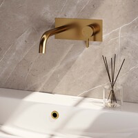 Brauer Brauer Gold Edition Inbouw Wastafelmengkraan met Gebogen Uitloop & Afdekplaat - Model E1 - Hendel Rechts - PVD - Geborsteld Goud
