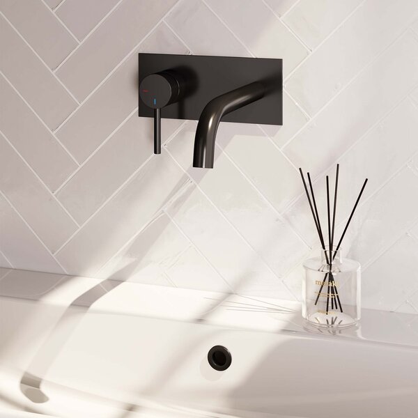 Brauer Brauer Black Edition Inbouw Wastafelmengkraan met Gebogen Uitloop & Afdekplaat - Model A2 - Hendel Links - Mat Zwart