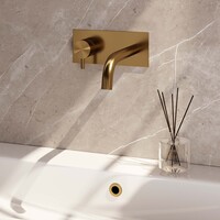 Brauer Brauer Gold Edition Inbouw Wastafelmengkraan met Gebogen Uitloop & Afdekplaat - Model B2 - Hendel Links - PVD - Geborsteld Goud