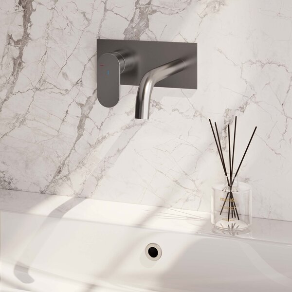 Brauer Brauer Brushed Edition Inbouw Wastafelmengkraan met Gebogen Uitloop & Afdekplaat - Model C2 - Hendel Links - PVD - Geborsteld RVS
