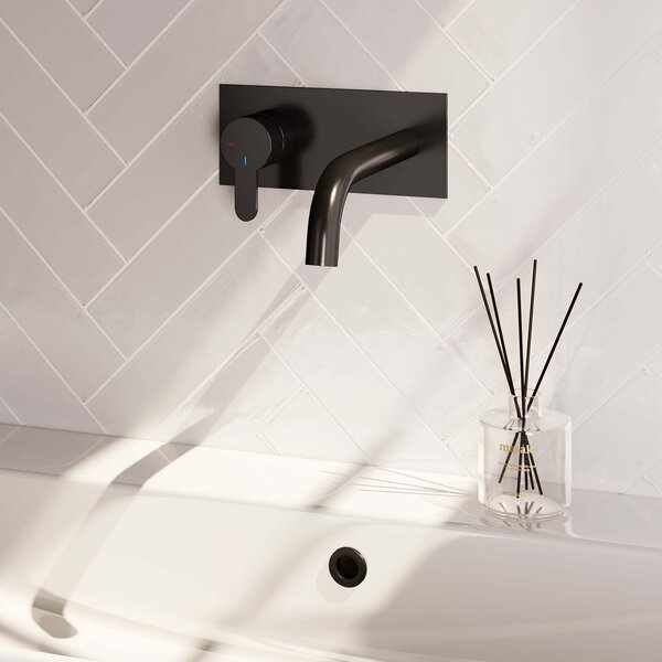 Brauer Brauer Black Edition Inbouw Wastafelmengkraan met Gebogen Uitloop & Afdekplaat - Model D2 - Hendel Links - Mat Zwart