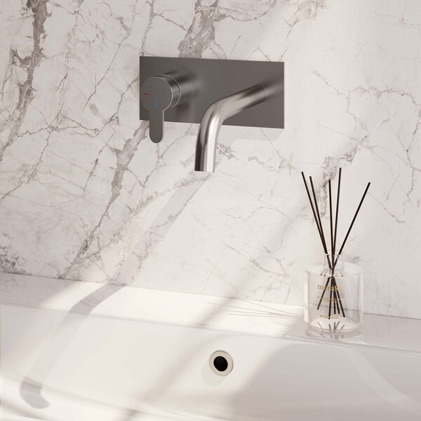 Brauer Brauer Brushed Edition Inbouw Wastafelmengkraan met Gebogen Uitloop & Afdekplaat - Model D2 - Hendel Links - PVD - Geborsteld RVS