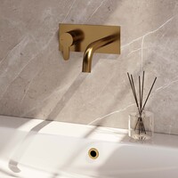 Brauer Brauer Gold Edition Inbouw Wastafelmengkraan met Gebogen Uitloop & Afdekplaat - Model D2 - Hendel Links - PVD - Geborsteld Goud