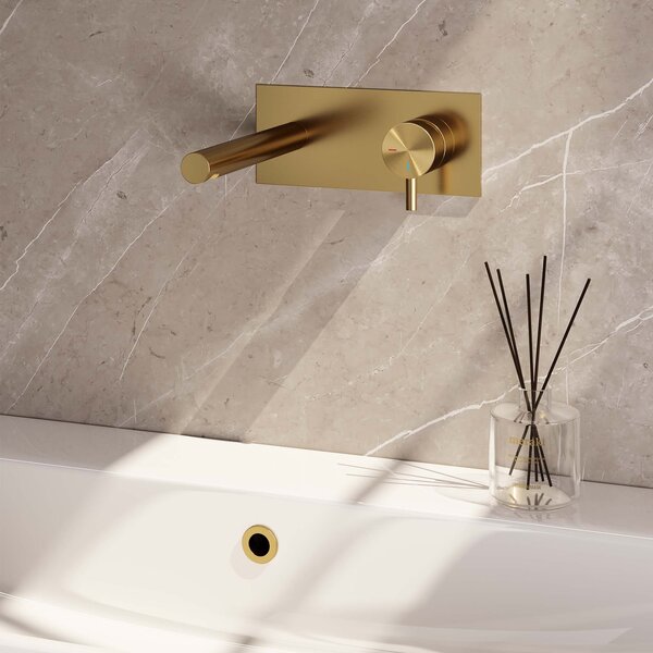 Brauer Brauer Gold Edition Inbouw Wastafelmengkraan met Rechte Uitloop & Afdekplaat - Model B1 - Hendel Rechts - PVD - Geborsteld Goud