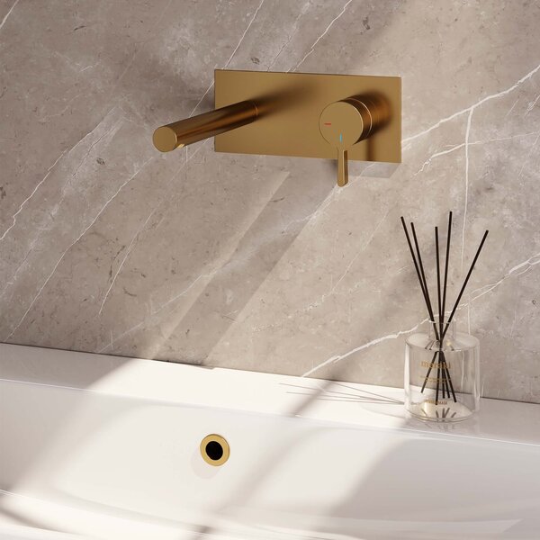 Brauer Brauer Gold Edition Inbouw Wastafelmengkraan met Rechte Uitloop & Afdekplaat - Model E1 - Hendel Rechts - PVD - Geborsteld Goud