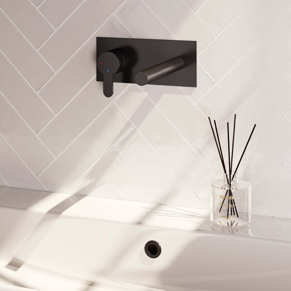 Brauer Brauer Black Edition Inbouw Wastafelmengkraan met Rechte Uitloop & Afdekplaat - Model D2 - Hendel Links - Mat Zwart