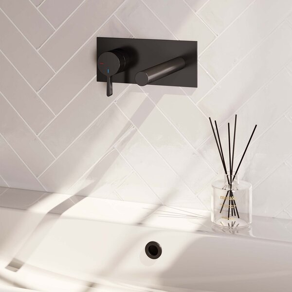 Brauer Brauer Black Edition Inbouw Wastafelmengkraan met Rechte Uitloop & Afdekplaat - Model E2 - Hendel Links - Mat Zwart