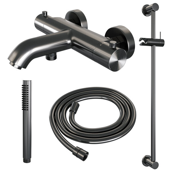 Brauer Brauer Gunmetal Edition Thermostatische Opbouw Badkraan met Omstel, Glijstang, Staafhanddouche & Doucheslang - Set 1 - Draaiknoppen - PVD - Geborsteld Gunmetal