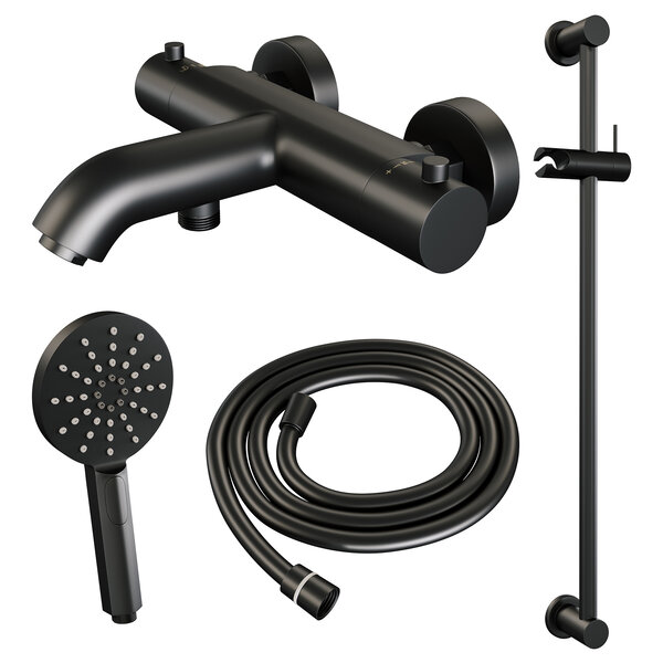 Brauer Brauer Black Edition Thermostatische Opbouw Badkraan met Omstel, Glijstang, 3-Standen Handdouche & Doucheslang - Set 2 - Draaiknoppen - Mat Zwart