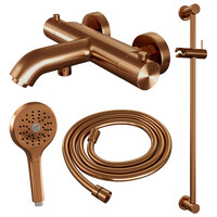 Brauer Brauer Copper Edition Thermostatische Opbouw Badkraan met Omstel, Glijstang, 3-Standen Handdouche & Doucheslang - Set 2 - Draaiknoppen - PVD - Geborsteld Koper