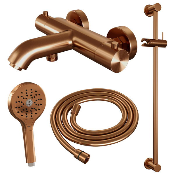 Brauer Brauer Copper Edition Thermostatische Opbouw Badkraan met Omstel, Glijstang, 3-Standen Handdouche & Doucheslang - Set 2 - Draaiknoppen - PVD - Geborsteld Koper