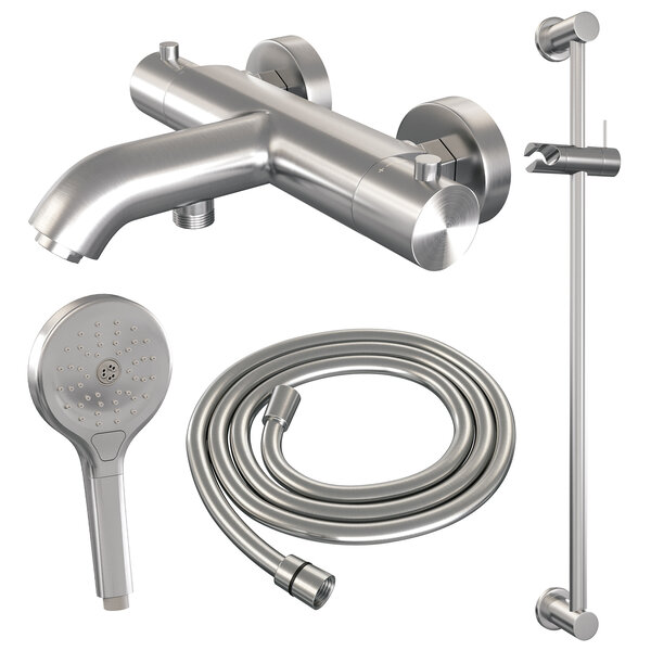 Brauer Brauer Brushed Edition Thermostatische Opbouw Badkraan met Omstel, Glijstang, 3-Standen Handdouche & Doucheslang - Set 2 - Draaiknoppen - PVD - Geborsteld RVS