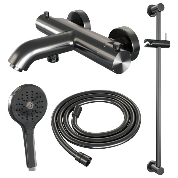 Brauer Brauer Gunmetal Edition Thermostatische Opbouw Badkraan met Omstel, Glijstang, 3-Standen Handdouche & Doucheslang - Set 2 - Draaiknoppen - PVD - Geborsteld Gunmetal