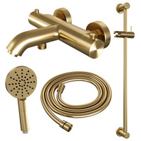 Brauer Brauer Gold Edition Thermostatische Opbouw Badkraan met Omstel, Glijstang, 3-Standen Handdouche & Doucheslang - Set 2 - Draaiknoppen - PVD - Geborsteld Goud