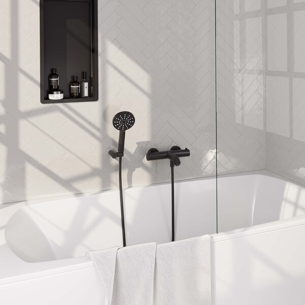 Brauer Brauer Black Edition Thermostatische Opbouw Badkraan met Omstel, Wandhouder, 3-Standen Handdouche & Doucheslang - Set 4 - Draaiknoppen - Mat Zwart