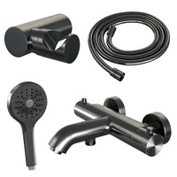 Brauer Brauer Gunmetal Edition Thermostatische Opbouw Badkraan met Omstel, Wandhouder, 3-Standen Handdouche & Doucheslang - Set 4 - Draaiknoppen - PVD - Geborsteld Gunmetal