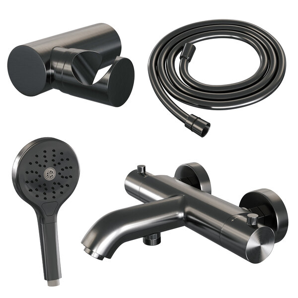 Brauer Brauer Gunmetal Edition Thermostatische Opbouw Badkraan met Omstel, Wandhouder, 3-Standen Handdouche & Doucheslang - Set 4 - Draaiknoppen - PVD - Geborsteld Gunmetal